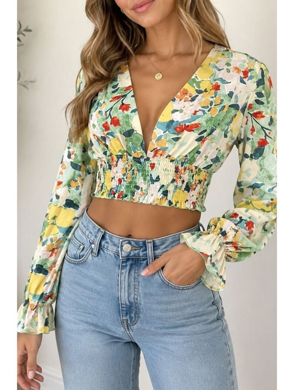 Ambition Floral Smocked Crop Blouse Long Sleeve V Neck Boho Cottagecore L